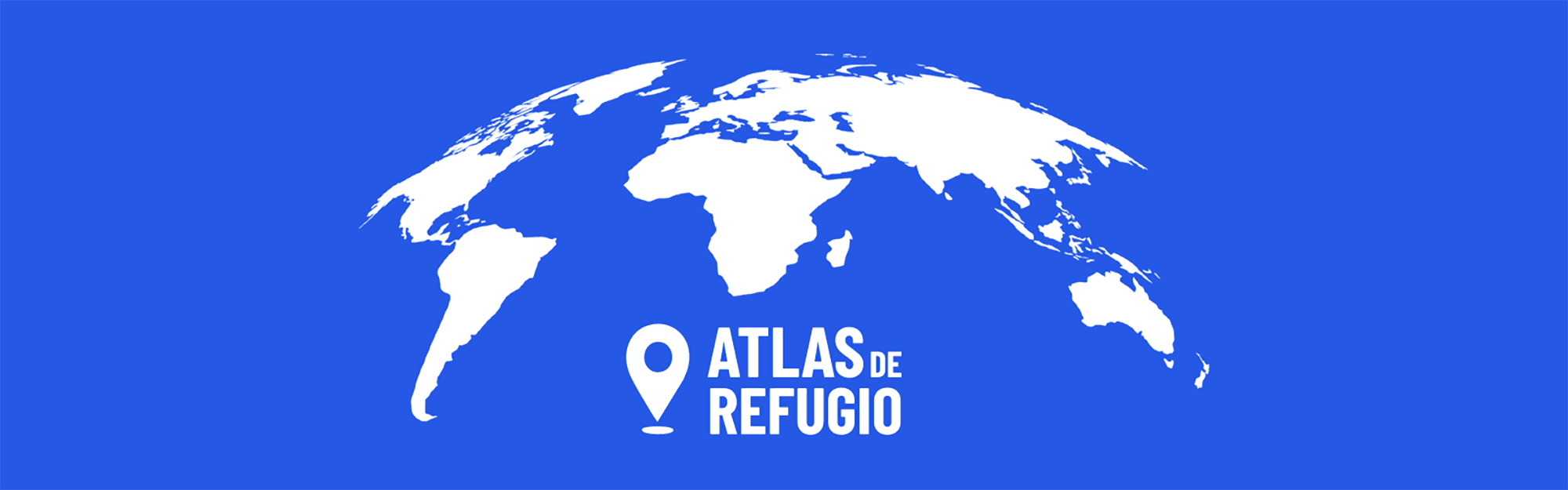 Mapa del mundo en blanco sobre fondo azul con el sello del Atlas de Refugio
