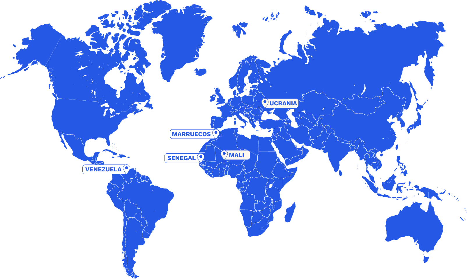 Mapa mundial con los principales países de origen en 2025: Mali, Venezuela, Senegal, Ucrania y Marruecos